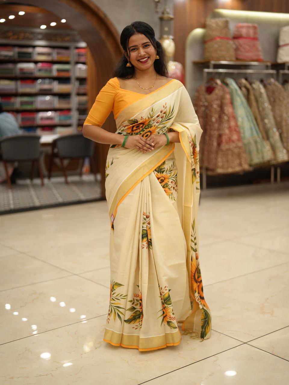 GOLDEN TISSUE SUNFLOWER SAREE M1506 - Image 3